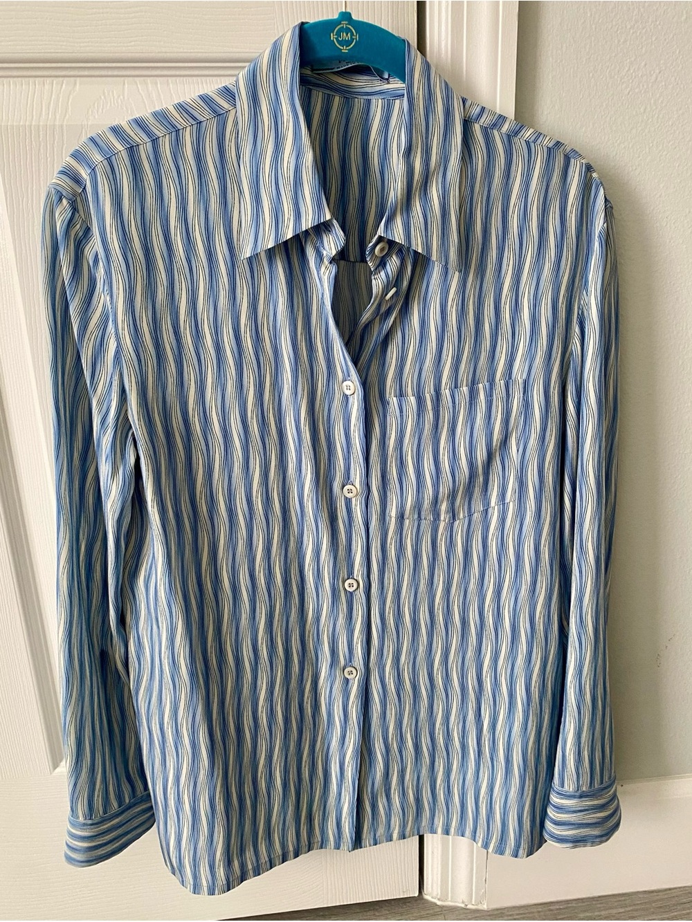 Prada Women’s Blue and White Wave Stripe Silk L/S Blouse